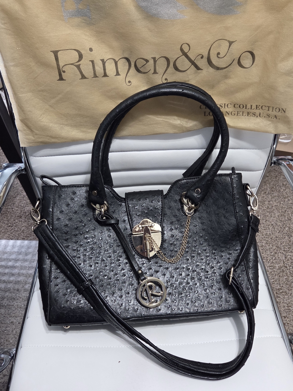 Rimen & Co. Classic Collection: Ostrich-Embossed Vegan Leather Satchel – Black &